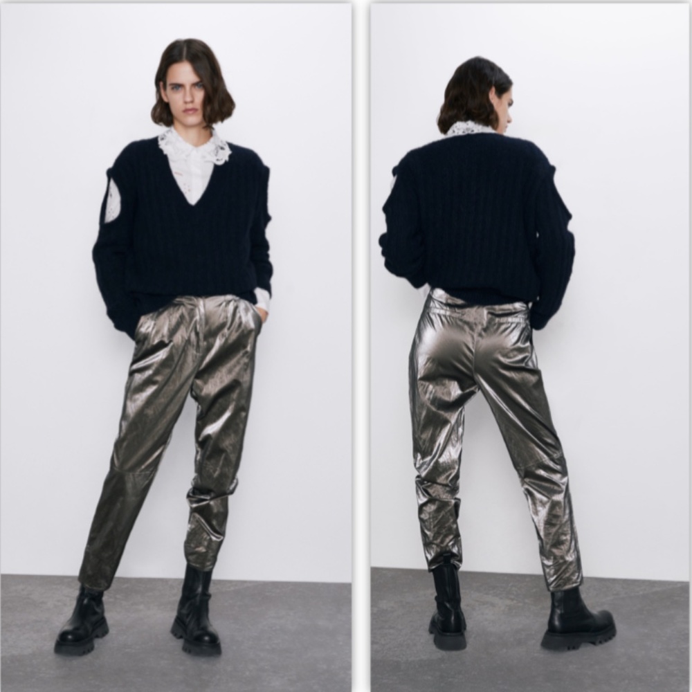 Zara Wrinkled-effect Metallic Trousers NWT - Picture 7 of 12
